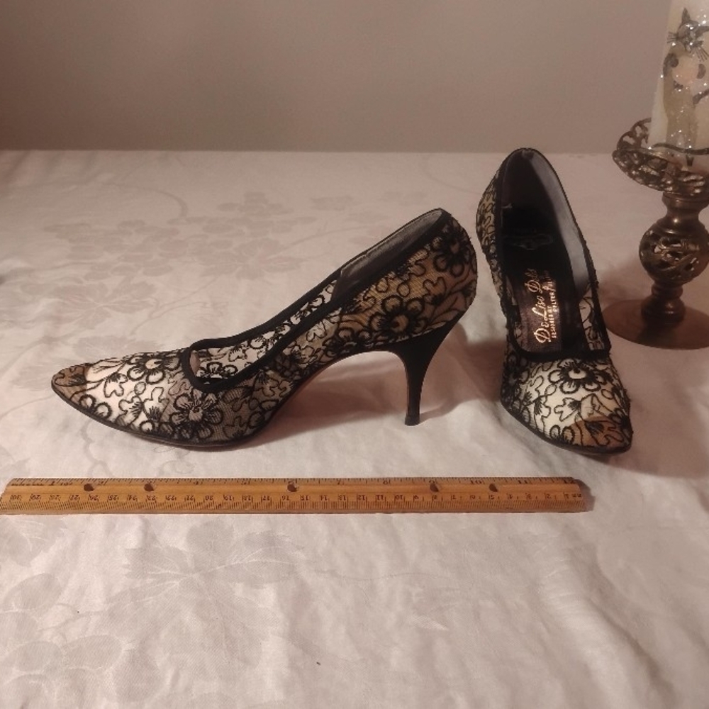 Vintage 1950s-60s De Liso Debs Palter Deliso Cream Black Floral Lace Stiletto He - Picture 4 of 10